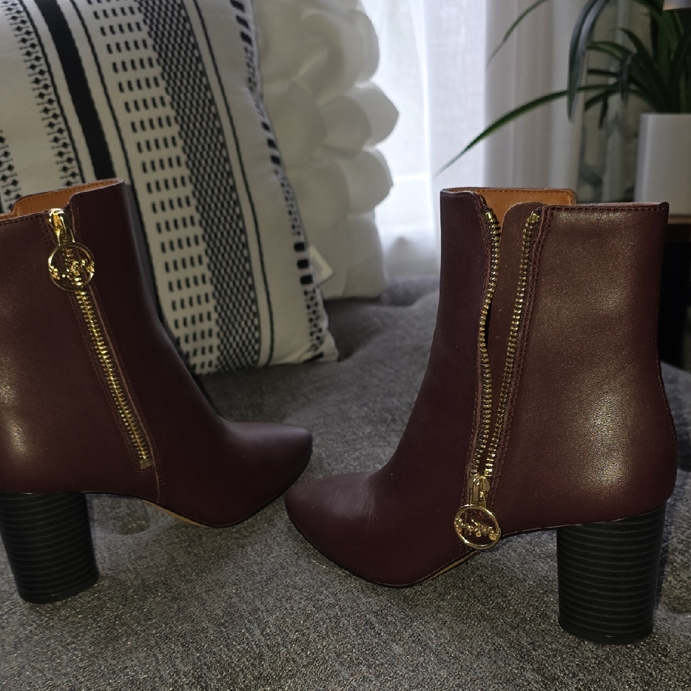 Coach Burgundy Heeled Boots with Gold Zipper
